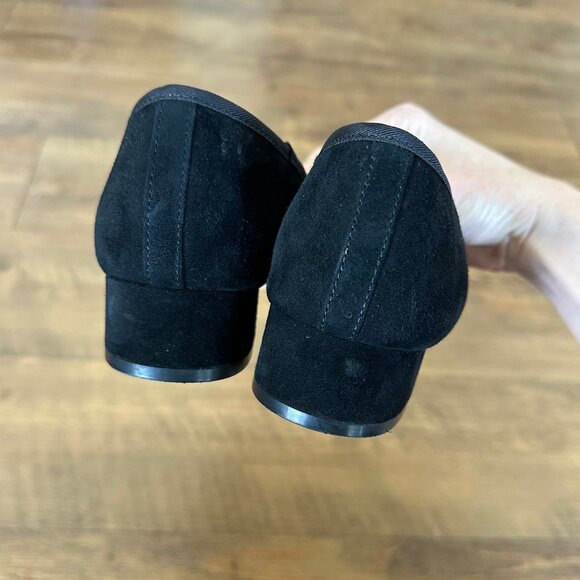 Talbots Womens Black Velvet Ballet Heels Size 7.5 Block Heel Pumps Bow Suede - Picture 7 of 11